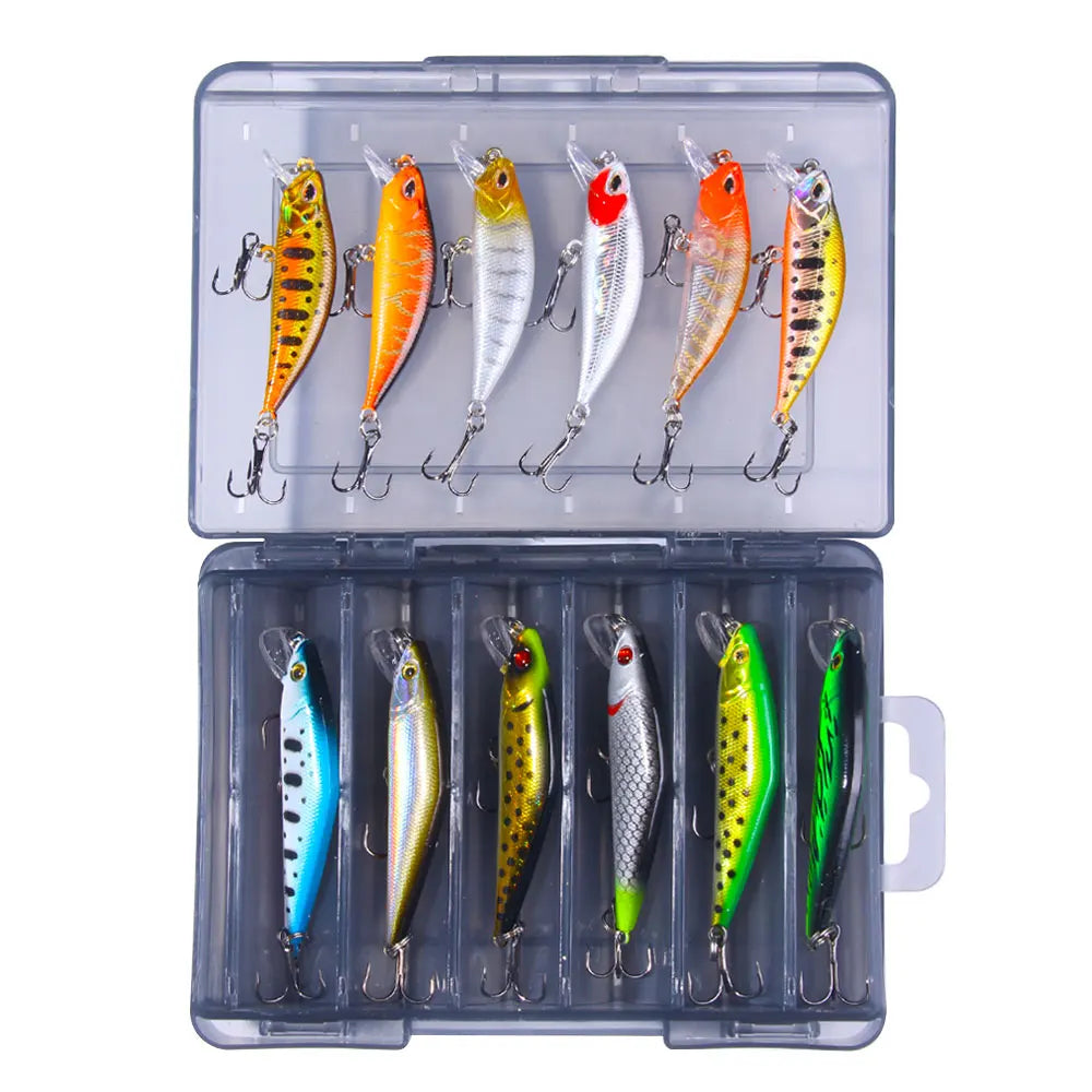 Kit com 12 Iscas Artificiais + Caixa Organizadora BRINDE EXCLUSIVO – 4 Modelos para Todos os Tipos de Pesca (Superfície, Meia-Água e Fundo)