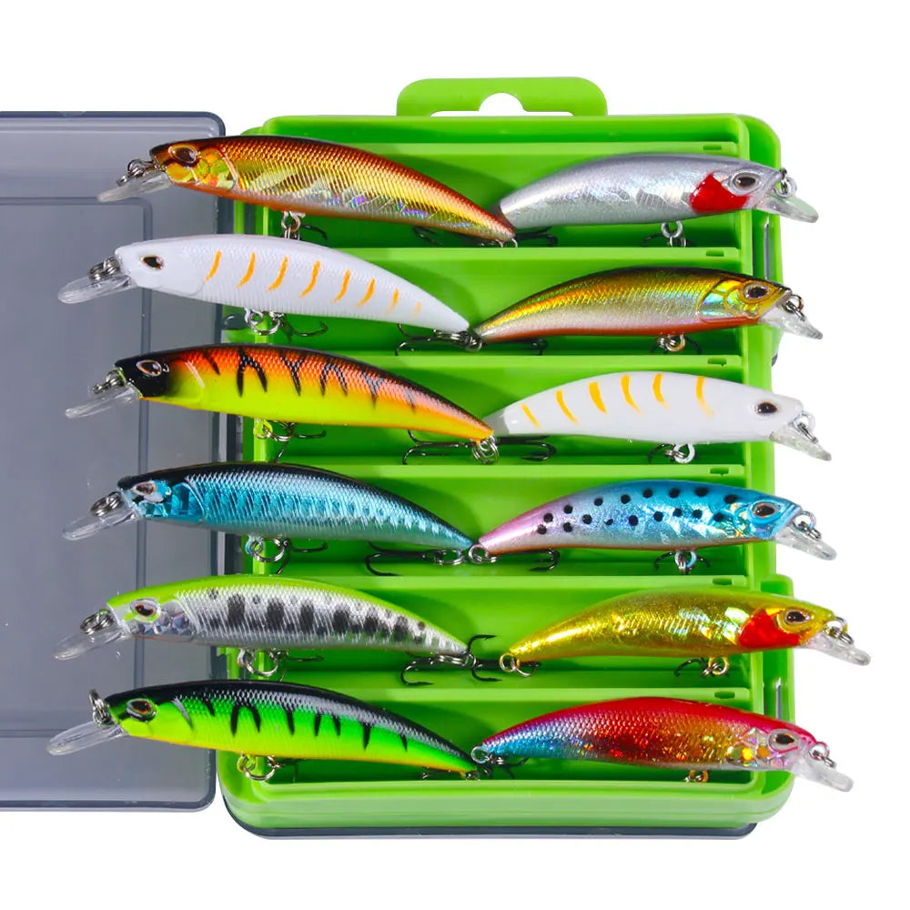 Kit com 12 Iscas Artificiais + Caixa Organizadora BRINDE EXCLUSIVO – 4 Modelos para Todos os Tipos de Pesca (Superfície, Meia-Água e Fundo)